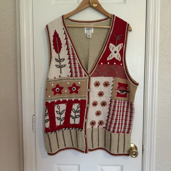 blast Jackets & Blazers - Blast Vintage 90s Sweater Vest Knitted Patchwork Knit Embroidered Plus size 1XL